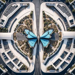 Vista aérea simétrica de un aeropuerto en forma de mariposa, espectacular, impactante, calidad ultra, maximalista, 8k 3D