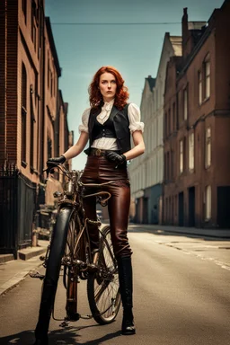 full-height portrait of a woman with straight shoulder-length auburn hair, with metal arms and legs, dressed in leather trousers, and a waistcoat, in a Victorian street next to a steampunk bike blue sky