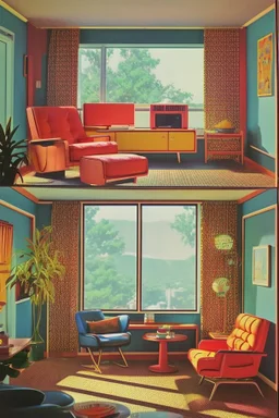 A vintage room embodying the essence of the 1970s, complete with (((retro furniture))), colorful patterns, and (sunny afternoon light streaming through open windows)