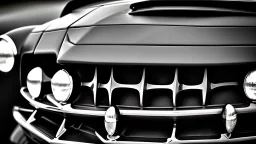 Photograph of a the front grill of a gorgeous, expensive, oldschool black muscle car with a big, black front grill, realistic, stylish, taken up close from the front of the car, symmetrical