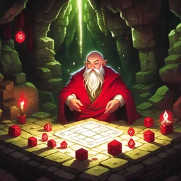 Image of Anime {Dungeon Master, old man, white skin, bald head, red clothes, long white beard, rpg game dices, luminous dices floating in the air, cave environment}