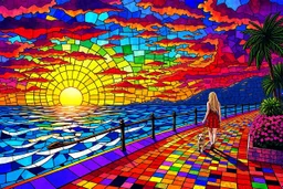 create a vibrant mosaic seaside promenade at sunrise, dazzling rainbow-colored tile path, glowing stained glass sun rising over a dynamic blue sea, wild stained glass sky in purples, oranges, and reds, a blonde girl walking with her dog along the path, vivid explosive colors --ar 3:2 --v 7 --style raw