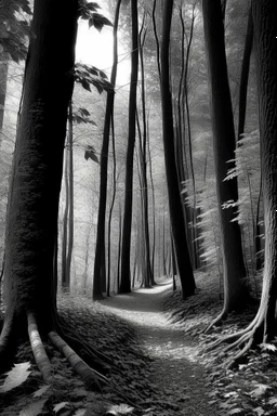 Autumn forest path in the style of Ansel Adams