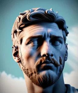 Gran angular, Realistic image, roman sculpture, marble material, Lionel Messi, Laurel wreath model, miguel angel style, emperador, God light, god rays, 4k resolution, ornate details, soft lighting, unreal engine 5, soft cyan background.