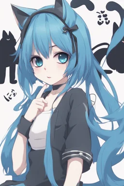 Anime cat girl; blue hair; cute pose; tail