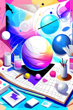 erstelle ein hochformatiges bild, es soll ein plakat sein, es soll naturalistisch aussehen, die ojekte sollen auf einer fläche sein, die gegenstände sind: volleyball, kunstbild, chemielabor, musiknoten, bücher, kleidung, und kunst, es soll skizzenartig sein, keine personen, pastellfarben