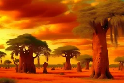 An orange colored clearing with baobab trees designed in ancient Egyptian architectures and sculptures painted by Gustave Courbet