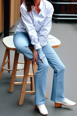 Pretty woman sitting on a stool, wears hunge open white shirt and blue jeans