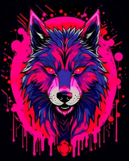 A menacing evil ninja wolf with a t-shirt design of dark magic and red splashes, rendered in the style of Studio Ghibli with pastel tetradic colors.