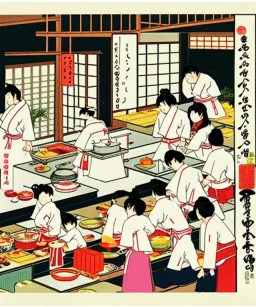 Escena Cocina japonesa llena de personas comiendo