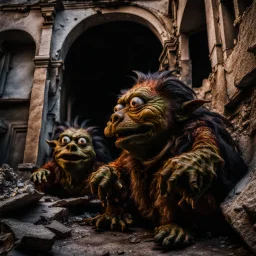 Close-up of ultra realistic odd monsters in a ruined city, after a war, vivid, ultra realistic, Egon Schiele, hypermaximalist figures, light, Italian 1970's odd movie, hilarious, fine art, Minicavio Quollati style, photography by Marlost Endgulp, dark atmosphere, obsessive, 4k, sharp focus, 3d, photorealism