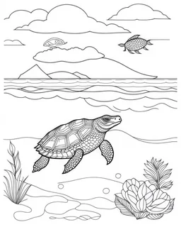 coloring pages for kids,coloring pages for kids, Pacific island shaped, paradise, sea turtles , Art drawing .super detailed, low detail,