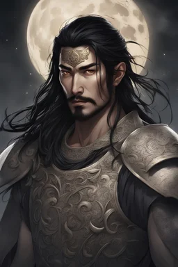 Generate a medieval character portrait of a male aasimar warrior that looks like an asian man with scant facial hair blessed by the moon goddess Selûne. He has long black hair and glowing eyes and is surrounded by holy light. He has a crescent moon tatooed on his face. He uses a battle hammer and a shield.