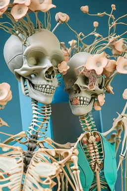 Surreal Couple Made Of Metal Skeletons With Flowering Vines Growing connecting the bones and wearing Blue Gray Green Striped Business Suits With Paisley Shirts And Ties; Surreal, Intricately Detailed, Beautiful, Colorful, award-winning, high definition, ultra-detailed