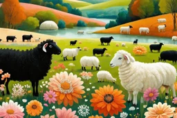 Create a vibrant pastoral scene featuring a colorful landscape. In the foreground, two sheep stand among flowers: one is black with a smooth texture, and the other is white and fluffy. Surrounding them are various stylized flowers in hues of orange, pink, and cream. The midground features a gentle rolling terrain with black sheep and white sheep grazing peacefully, some scattered throughout the grassy field. Towards the background, a serene river winds through the landscape, reflecting the soft