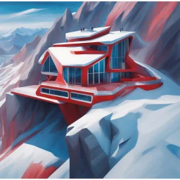 Aerial view Zaha Hadid style mountain hut, digital art, hyper-detailed, red and blue colors, 8k oil painting