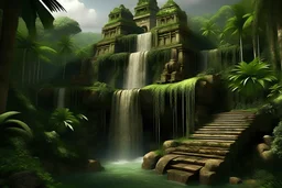 jungle palms rock waterfall temple mayan