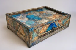 a box for storing things with beautiful drawings a lot of colours, detailed, angles, minerals, heaven,