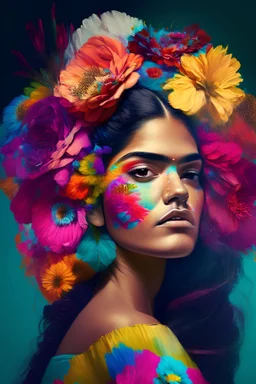 Digital art, mexican woman with flowers as hair in many colors looks at the camera