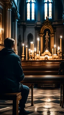 a rear view of a man sitting on a bench prying in the church facing a statue of Jesus on the cross and candles, show from the back