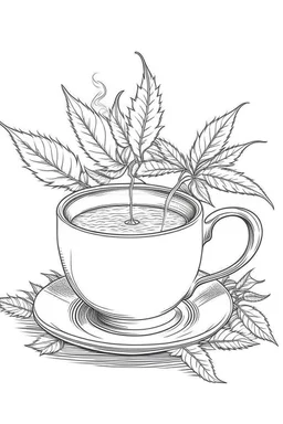 Outline art for coloring page, A SHORT MARIJUANA CIGARETTE. A TURKISH TEACUP, coloring page, white background, Sketch style, only use outline, clean line art, white background, no shadows, no shading, no color, clear