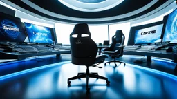 photo from a black producer chair siluette in a futuristic cybertech studio, around many monitors and circle windows to the sky, the inscription capture word text on the back of the chair "Barbi", Professional photography, bokeh, natural and blue-white lighting, perfect shot, sharp focus, professional photo