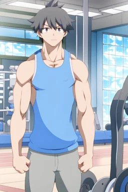 In the anime, a male character is in the fitness room.