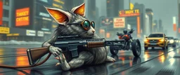master oil painting by Rembrandt, pen outline and airbrush,the tilted quilter,glasses and ticks, cyberpunk imagery synchronized mechanical stylized fluffy gremlin wolf rat laying low holding a few guns barely hanging on, drumming kit flat power trike flickering stable core, wet reflective salt flat city, fast motion blur background, translucent tube cars, technocracy mega tv