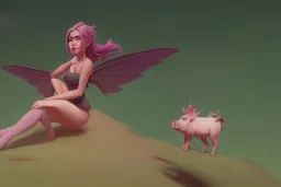 a tiny femals fairy on top of a large pig