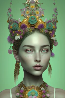 Portrait of a most beautiful young woman decorated with flowers as well as a beautiful headdress, ribbed with gradient mineral stone beads in mint green and purple striped beads with embossed modern motifs and gold filigree costume and half face organic baroque mask bio spine striped detail baroque garden background highly detailed hyperrealistic maximálist concept portrait art