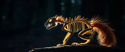 radiant wooden werewolf squirrel Skeleton with fluffy fur, motion blur background dark forest