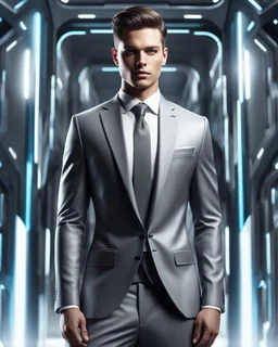 Hombre con traje y corbata moda futurista elegante, color gris, calidad ultra, hiperdetallada, 12k