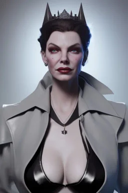 Lauren Bacall as evil queen in black leather, leather, busty, cleavage, angry, stern look. character design by cory loftis, fenghua zhong, ryohei hase, ismail inceoglu and ruan jia. unreal engine 5, artistic lighting, highly detailed, photorealistic, fantasy