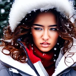 Crying girl, sad, expressive, emotive, frowning, furrowed eyebrows, pouting lips, African American, curly hair, looking out window, blizzard, snow, red sweater, delta sigma theta, drinking coffee,hazel eyes