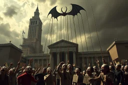 an evil government towers above, pulling the strings of puppets below, the news broadcasts the puppets' suffering everywhere, dystopian, dread, horror