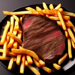 a nice juicy steak with french fries on a black plate