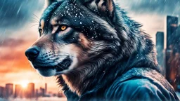 double exposure, portrait Man Wolf blending, city, sunset, snow, rain, fantasy, mystical, tattoo, vertical pupils, high detail, high resolution, 8K