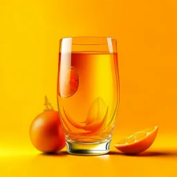 Orange background, a transparent glass orange with a ship swimming in the middle of the orange juice