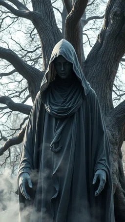 In a mesmerizing and ethereal manner, an otherworldly being emerges in the form of a translucent grey hood statue flowing smoky black robes. Forward facing a big tree in the background