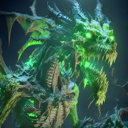 Giant horrific zombie dragon made of bones and rotten flesh, covered with glowing green slime, photorealistic, unreal engine 5, masterpiece, trending on artstation