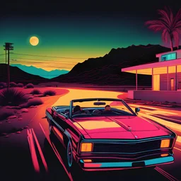 Last Drive: rear 3/4 view, ((a man (with long hair and sunglasses) in a cabriolet car by night in the desert, aside a beautiful girl driving)). Neon speed lines and a motel in background. grainy photo realistic, 80's horror poster, Frazetta, synthwave, dark and moody ambience