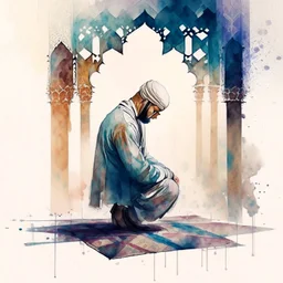 A man is praying namaz, background of islamic pattern, watercolour painting