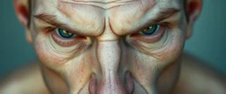 close up portrait with smooth grainy skin fine pores and real skin texture, clear transparent skin, wise eyes, hairy macho orc disco albino limbo