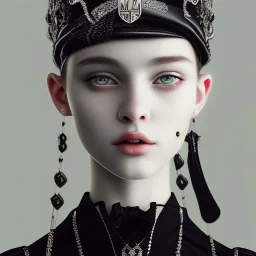 a portrait of 16-17 years old, white, gothic, dark theme, using sign of cross necklase , like french hat, nose ring piercing, a girl with beautiful eyes, nose and face, 4k