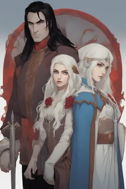 A couple, from the dnd game curse of Strahd. The woman has long white hair and blue eyes, the man has LONG BLACK hair and red eyes, no facial hair. He is standing protectively behind her.