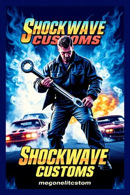 "Design a 90s-style action movie poster titled 'Shockwave Customs' with a blue theme and blue flames. Feature a super heroic mechanic in the foreground, fiercely battling thousands of adversaries with a spanner. In the background, show cars doing burnouts, creating a dynamic and intense scene. Capture the high-energy, gritty aesthetic of classic 90s action films. Prominently display the subtitle 'mmechanic negotiator' in bold, impactful lettering."