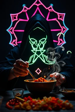 mixing up spices while making food, extremely sharp hypnotic soothing emotional support sacred geometry radiation star priest anonymous octopus by munch singer symbol in front of depth of field neon google neon glass submarine effect, neon hands