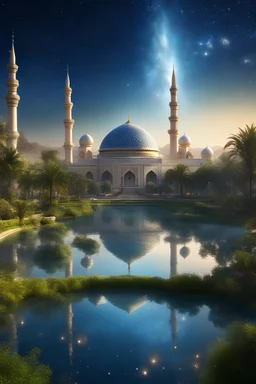 harmonic islamic city with several magic and beautiful smal garden and great building, a magnificent environment, cosmic, faceted dome, crystals, lake. infinitely many details. starry sky, sparkles of light. high definition, 4k, cosmic star sky