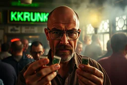 man looking like "Walter White" in breaking bad tv show, bald and goatee glasses, holding condoms in a crowdy slum bar, smoke and light from windows. a sign with the word "KUKRUNK" on the wall