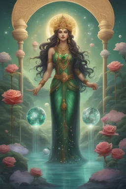 The beautiful goddess of healing and well-being stands on a land of pure water embellished with emeralds. And glass rose trees. And a name. Colored with stars and planets